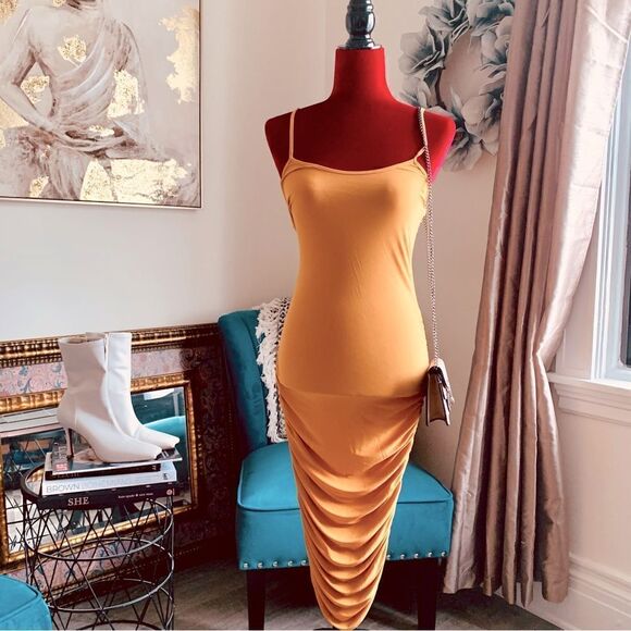 GOLD RUCHED MIDI DRESS - Picture 4 of 15